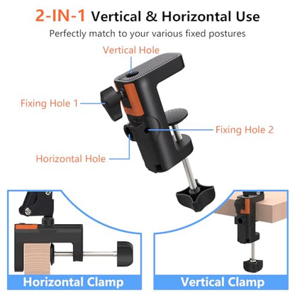 Table Clamp Mount for Microphone Stand, 2-in-1 Mic Boom Arm Clamp Table C Clip for Desktop Overhead Camera Tripod Mic Stand Lamp Base, Fits Up to 2.56 inch 6.5cm Desktop Thickness, 1 PCS