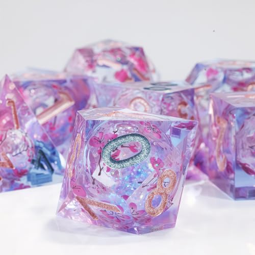 DND Dice Set, Handmade Resin Polyhedral Dice, Cherry Blossom Design, Sharp Edges, 7 Piece Set for TRPG RPG - color: Sakura Shimmer