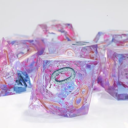 DND Dice Set, Handmade Resin Polyhedral Dice, Cherry Blossom Design, Sharp Edges, 7 Piece Set for TRPG RPG - color: Sakura Shimmer