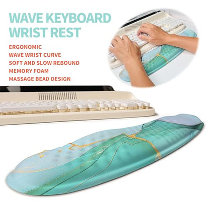 2-in-1 Ergonomic Set, Wave Rise Keyboard Wrist Rest and Massage Bulge Slope Mouse Pad Wrist Support, Cushion Memory Foam Integrated to Relieve Wrist Pain, Blue Gold Marble - color: Blue Gold Marble