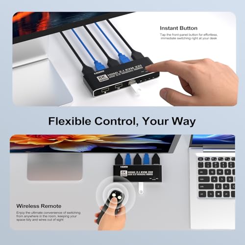 KVM Switch HDMI 2 in 1 Out for 1 Monitor 2 Computers 8K@60Hz 4K@165Hz | HDMI2.1 USB 3.0 Hub with IR Remote Control, Aluminum Alloy, HDR10, HDCP 2.2, EDID2.2 Adaptive