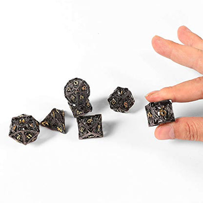 AncientDeer DND Dice Set 7 Pieces D&D Pure Copper Hollow Polyhedral | DND Dice W/ Gift Box & Dice Bag for DND RPG Explorers Savage World and Table DND Dungeons and Dragons Role Playing - color: Black Gold
