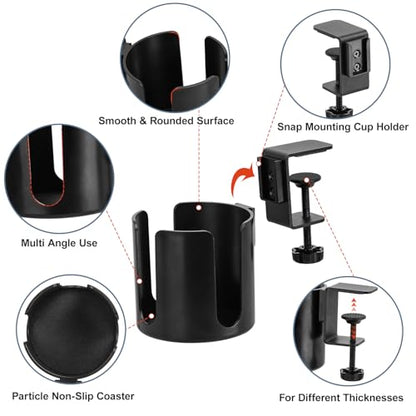 Large Clamp On Cup Holder for Desk, 3.9" Diameter Anti-Spill Drink Holder | Easy Install Clip On Table & Chair Armrest, Desk Accessories for Office, Gaming, Coffee Mugs & Bottles - size: 3.9 Inch, no Hook