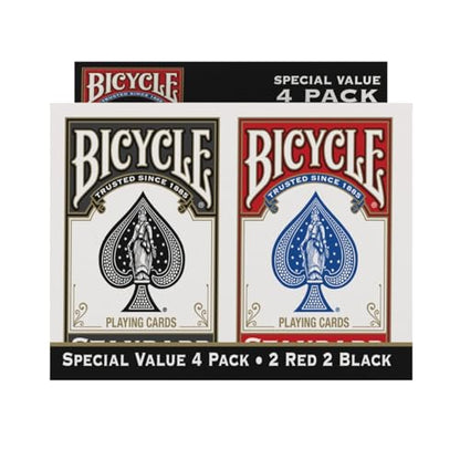Bicycle Playing Cards 4 Pack Standard Index Poker Size Red and Black | Air Cushion Finish, Made in USA, 2 red and 2 black decks, 52 cards plus 2 Jokers per deck, For all card games