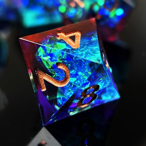 HAOMEJA 7pcs Sharp Edge Resin Dice Set, Handmade Polyhedral Dice with Glitter & Galaxy Effect Apply to DND, D&D, RPG, MTG Tabletop Games, Role Playing Game, Easter, Halloween Party Gift (Blue Red) - color: T Blue Red