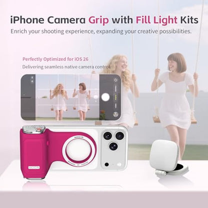 COMITOK iPhone Camera Grip MOCA with Magnet Fill Light & Mirror for 17 Pro iOS26 Native Camera, Fun Shot Magnetic Grip for Phone Compatible iOS17 and iOS18 with Anti-Drop Detachable Remote & Keychain - color: Fuchsia