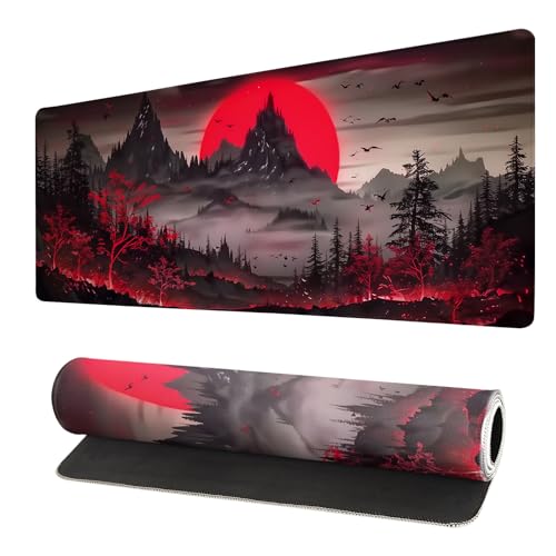 Extended Gaming Mouse Pad, Large Desk Mat XL Anime Mouse Pad Waterproof with Stitched Edges, Non-Slip Desktop Pad for Home and Office, Level Up Your 31.5x11.8 Inch (Darkness Red Moon2) - color: Darkness Red Moon2