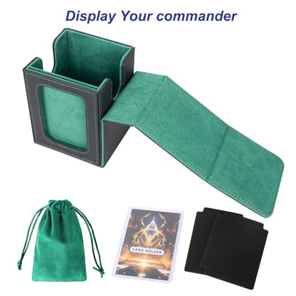 AFIING MTG Deck Box for Commander Display,Card Deck case Fits 100 Double Sleeved Cards,Magic Commander TCG Card Storage Box with 2 Dividers,Dice Bag and Toploader Black Green - color: Commander Black Green