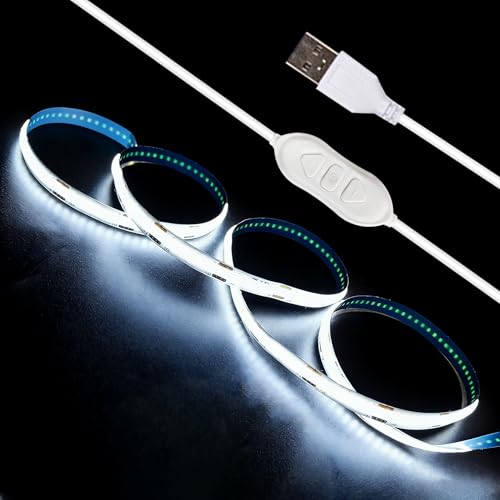 5V USB LED Strip Lights 6.56FT, 3Key COB Light Strip White, Short LED Strip Light, Flexible Bright for Under Cabinet, Kitchen, TV Backlight, Shelves, Displays and TV Lights - color: White, size: 6.56FT