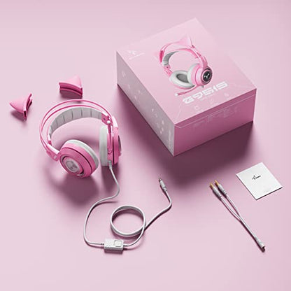 SOMIC G951s Pink Stereo Gaming Headset with Mic for PS4,Xbox,PC,Mobile Phone,3.5mm Noise Reduction Cat Ear Headphones Lightweight Over Ear Headphones for Woman - color: Pink