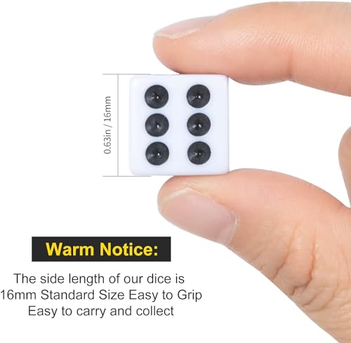 50 Pack 16MM White Dice - Six Sided Standard Opaque | Black Pips Dots, For Board Games, Group Event, Teaching Math