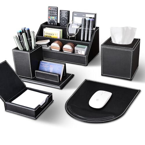 5PCS Desk Organizer and Accessories Set, Pu Leather Office Supplies with Multifunction Desktop Organizer Storage Box, Tissue Holder, Mouse Pad, Note Paper Holder, Pencil Holder for Desk Black - color: K-T50H-Black