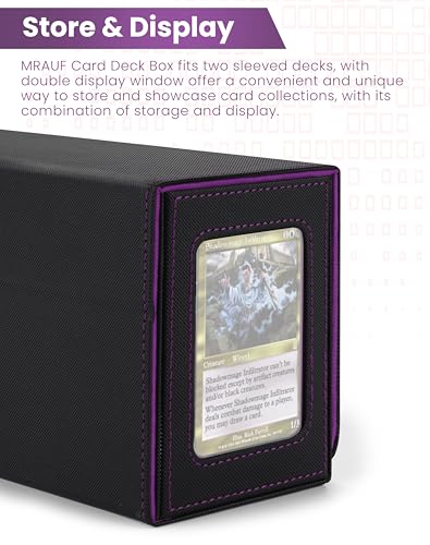 MRAUF MTG Deck Box with Double Commander Display and Dice Tray, Fits 200+ Double Sleeved Cards, Card Storage Box Plus 2 Magnetic Holders& 100Pcs Card Sleeves (Black& Purple) - color: Black& Purple