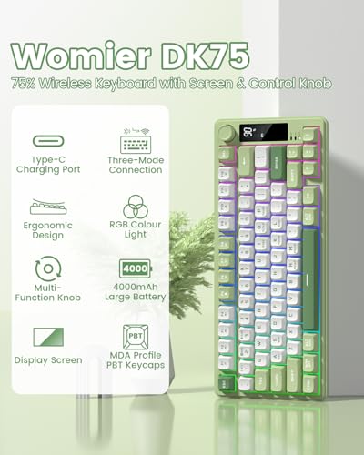 Womier DK75 75% Wireless Gaming Keyboard, RGB Backlit Creamy Keyboard with Media Knob, OLED Screen, Tri-Mode 2.4GHz/USB-C/BT5.0, Anti-Ghosting No-Conflict Silent Membrane Keyboard for MAC Windows - color: Green