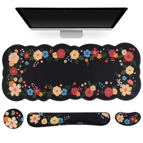 Petmolico Desk Pad Set with Wrist Rest for Keyboard & Mouse, Black Floral | Anti-slip PU base, durable Lycra & memory foam, relieves wrist fatigue, perfect for work, home & daily use - color: Black