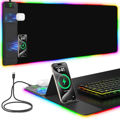 Mouse Pad with Foldable Phone Holder & Wireless Charger, XXL RGB Gaming Mousepad 31.5"x15.8" Large Desk Mat for Keyboard, Black Desk Pad with Dual Qi Charging Station | 11 Colors 5 Modes | Waterproof - color: 31.5x15.75"Phone Stand-Black Upgraded