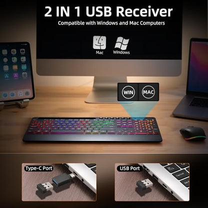 Hamile Wireless Keyboard and Mouse Combo:RGB Backlit Effects,Ergonomic Full Size Silent Keyboard,Wrist Rest,2.4G Rechargeable with Phone Holder Compatible with Windows, Mac,PC,Laptop, Black