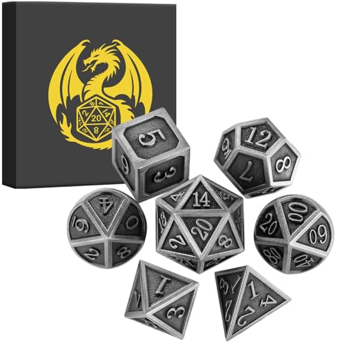 Metal Dice Set, 7pcs Polyhedral Metal DND Dice Set, DND Starter Set, D&D Gifts with Gift Box, Role Playing Board Games Accessories, Silver - color: Silver + Gift Box