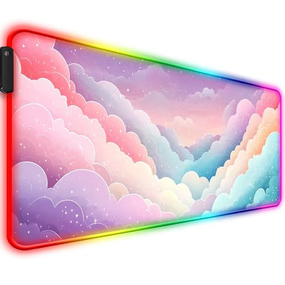 RGB Dreamy Colorful Cloud and Star Gaming Desk Mat, Computer Keyboard Large Extended Long Girly LED Mouse Pad for Office and Home, XL (W08) - color: Rgb-w08