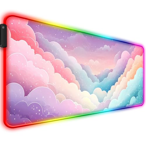 RGB Dreamy Colorful Cloud and Star Gaming Desk Mat, Computer Keyboard Large Extended Long Girly LED Mouse Pad for Office and Home, XL (W08) - color: Rgb-w08
