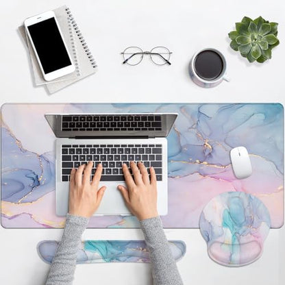 Britimes Blue Purple Liquid Marbling Keyboard Mouse Pad Set 4in1 Large Mousepad+Keyboard Wrist Rest+Mouse Wrist Rest+Coaster Ergonomic Design for Home Office Computer 35.4x15.7 inches - color: Blue Purple Marbling
