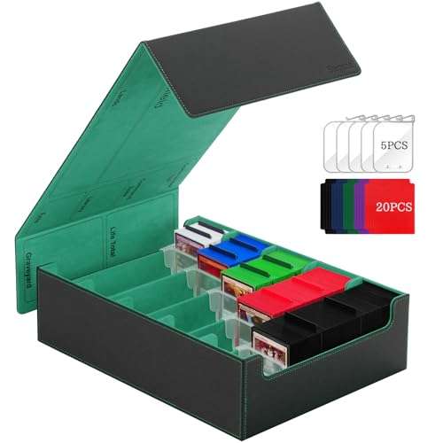 5 Row Trading Card Storage Box, 3800+Bulk Card Organizer Box with 20 Dividers & 5 Supporters, Graded Card Deck Box for YuGiOh, MTG, TCG Black/Green - color: Black/Green, size: 3800+-With Single Lid