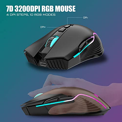 RedThunder K10 Wireless Gaming Keyboard and Mouse Combo, RGB Backlit Rechargeable 3800mAh Battery, Mechanical Feel Anti-ghosting Keyboard with Pudding Keycaps + 7D 3200DPI Mice for PC Gamer (Black) - color: Black Pudding