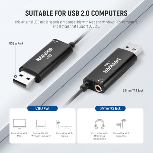 NEEWER USB Lapel Microphone, Plug & Play Mini Omnidirectional Clip On Lavalier Mic with 3.5mm Monitoring Headphones Jack for USB 2.0 Mac Windows PC Laptop Computer YouTube Skype Podcast Gaming, LM2 - style: 1 Pack w/USB A & 3.5mm TRS Plug