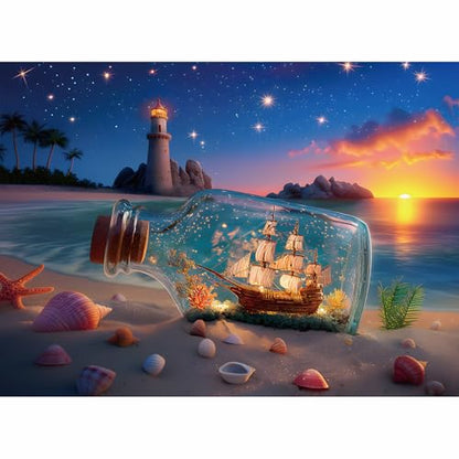 Puzzles for Adults 500 Pieces, Lighthouse Jigsaw Puzzles - Bottle of Stars, Impossible Beach Sailboat Puzzle for Seniors Families, 20.47x14.96 Inches, 1:1 Poster, Letter On The Back - style: Bottle of Stars
