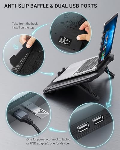 AFI Electronics Laptop Cooling Pad, 5 Quiet Fans Gaming Laptop Cooler for 11–17 Inch, RGB LED, LCD Display, 6 Fan Speeds, 8-Height Adjustable Stand, Dual USB Ports, Notebook Cooling Stand