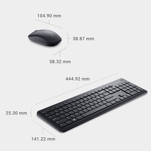 Dell Wireless Keyboard and Mouse KM3322W | USB Receiver, 2.4 GHz, Optical Sensor, 1000 DPI, AES-128 Encryption, AA Battery, 2 AAA Batteries, Black