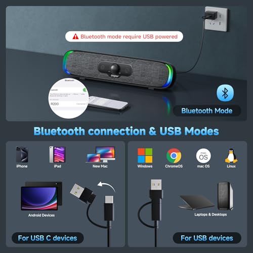 SOULION Computer Speakers, Wired USB Powered Bluetooth Sound bar for PC | USB Powered, Plug-N-Play, Rotary Control, 4 Dynamic Light Modes for Desktop Laptop Monitor Office Work Music