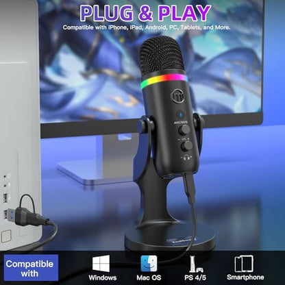 ZealSound Podcast Microphone for PC, USB Mic with Noise Reduction, Tap-to-Mute, Gain & Echo Controls, Zero-Latency Monitoring, RGB Lighting for Mac, iPhone, iPad, Live Streaming & Voice-Over K66 Pro - color: RGB