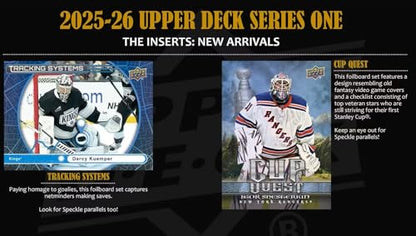 2025 2026 Upper Deck Series One Hockey Unopened Blaster Box of Packs with a Young Guns Rookie Card, an OPC Glossy Card, an Encore Insert and Green Dazzler Card Plus