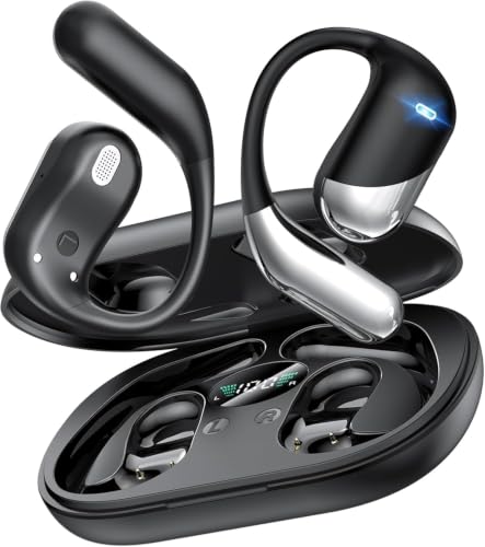 Ultra Open Ear Headphones, Over Ear Bluetooth Bone Conduction Earbuds | Bluetooth 6.1, LED Digital Display, 60H Playtime, IP55 Waterproof, Secure Earhooks for Running, Cycling & Workout - color: Obsidian Silver Black