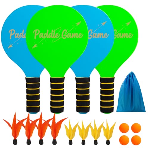Paddle Ball Set – Indoor & Outdoor Racket Game for Kids, Teens, and Adults, Badminton & Camping Games Essentials, Fun for Beach, Yard, and Lawn Play All Year Round - color: Wooden Bule Green, size: 4 Paddles 4 Balls