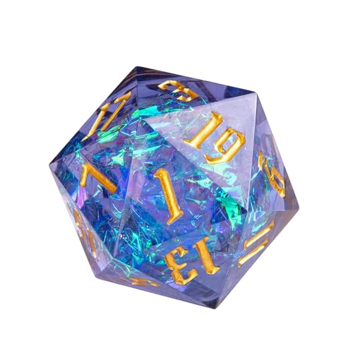 Cusdie Single D20 DND Dice with Sharp Edges and Glitter Foil Inclusions, 20 Sided D&D Dice, 33mm Handcrafted Polyhedral Dice, for Role Playing Game (Purple with White Swirl) - color: Purple With White Swirl