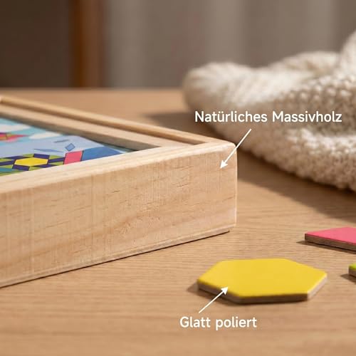 Magnetic Pattern Blocks Wooden Geometric Shape Puzzle Toy for Kids Toddlers Age 3-8 Montessori STEM Learning Educational Game 75Pcs Tangram with Storage Box Travel Gift Classroom Whiteboard