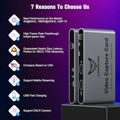 4K60Hz 1080P240Hz Video Capture Card VRR Passthrough PS5 PC | Lag-free HDR audio video recorder device with USB 3.2 fast charging and 3.5mm ports for Xbox - size: 4K 60Hz Silver