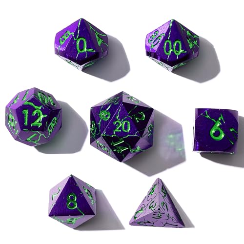 Metal Dice for DND - Ancient Cracked Pharaoh Ruins – Purple Green Cracks | Beautiful 7pc Polyhedral Dice Set, Smooth Rolling, Role Playing Games (RPG), Compatible with D&D, for Dungeons and Dragons - color: Purple With Green Cracks