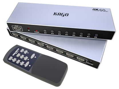 KAGO 8-Port 4K@60Hz HDMI Switcher Box with IR Remote | 8-In 1-Out HDMI Switch,HDR10 & Dolby Vision, 18Gbps HDCP 2.2 Pass-Through, 3D Audio, Aluminum Shell - size: 8x1