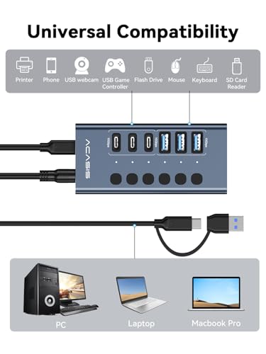 ACASIS 6 Ports Powered USB 3.2 Hub (3 USB-A 3.2 +3 USB-C 3.2), 10Gbps | Individual On/Off Switch for Each Port • Aluminum Housing • Better Heat Dissipation • Plug & Play • 48W Power Adapter - size: 6 Ports