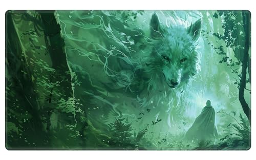 Card Playmat 70 x 40 cm Game Mats Tabletop Magic for MTG/TCG Cards, Trading Card Game Playing Stitched Commander Deck Gaming Desk Duel Mat Card Gameplay Mats, Ghostly Wolf Spirit Forest - color: Ghostly Wolf Spirit Forest, size: 27.5"X15.7"