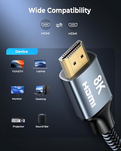 8K HDMI Cable 4 ft 2Pack, 48Gbps High Speed HDMI 2.1 Cable, Braided HDMI Cable 2.1 8K 60Hz 4K 120Hz Support for HDR eARC HDCP 2.2/2.3, HDMI Cord Compatible with HDTV, Laptop, Monitor, PC - size: 4FT