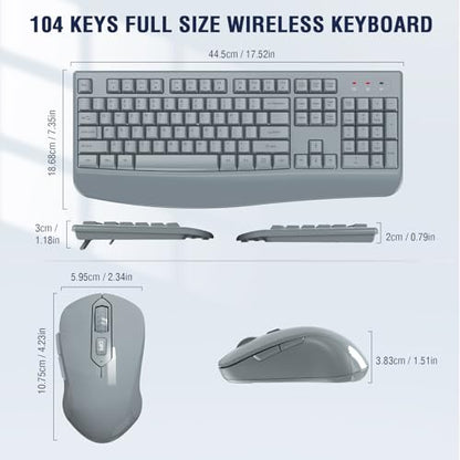Wireless Keyboard and Mouse Combo, EDJO 2.4G Full-Sized Ergonomic Computer Keyboard with Wrist Rest and 3 Level DPI Adjustable Wireless Mouse for Windows, Mac OS Desktop/Laptop/PC(Grey) - color: Gray