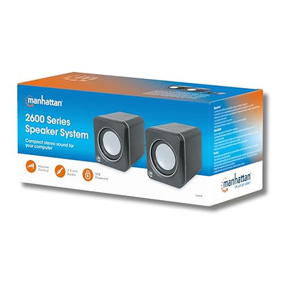 MANHATTAN USB Powered Stereo Speaker System - Small Size - with Volume Control & 3.5 mm Audio Plug to Connect to Laptop, Notebook, Desktop, Computer - 3 Yr Mfg Warranty - Black Silver, 166898 - color: Black Silver