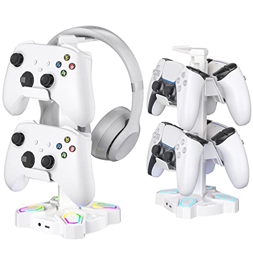KDD Gaming Headphones Stand, Rotatable Headset Stand with Light Modes - Controller Holder with 2 USB Charging Ports and 3.5mm - Earphone Hanger Accessories for Desktop Gamer(White) - color: White