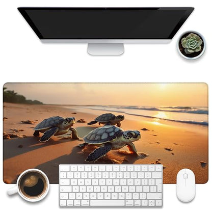 Large Gaming Mouse Pad for Desk, Baby Turtles On Beach Desk Mat, Cute Sea Turtle Desk Pad, 31.5"x15.7" Extended Big Computer Keyboard Mouse Pad with Non-Slip Base and Stitched Edge - color: Baby Turtles on Beach