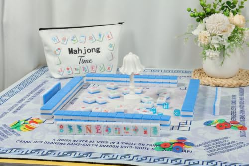 160 American Mahjong Tile Set with Bag 1.2'' Blue Mah Jongg Tiles | Travel Floral Engraved Melamine Mahjong Set for Beginner Friends Clubs Family Game Night Gifts (4 Dice, 100 Poker Chips)