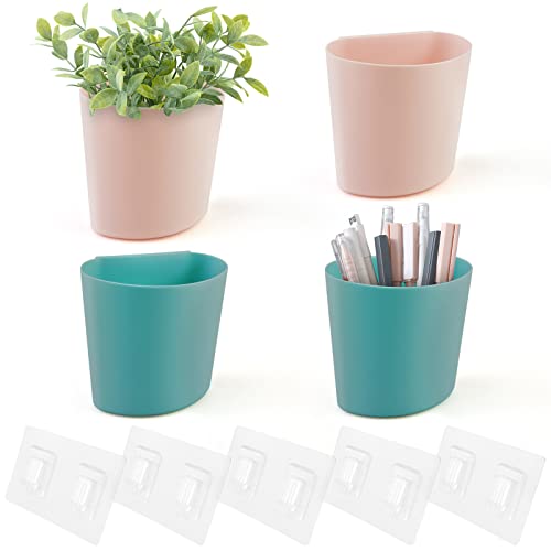 4 Pack Wall Caddy Pen Holders, Pink & Green Pencil Cups Storage Organizer | Wall Hanging Cups for Marker / Remote / Crayon / White Board / Rolling Cart, with Adhesive Stickers, Office Art Craft Room - color: Pink & Green